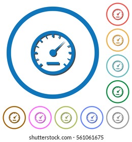 Speedometer flat color vector icons with shadows in round outlines on white background