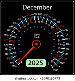 Speedometer in the form of a calendar for 2025 December.
