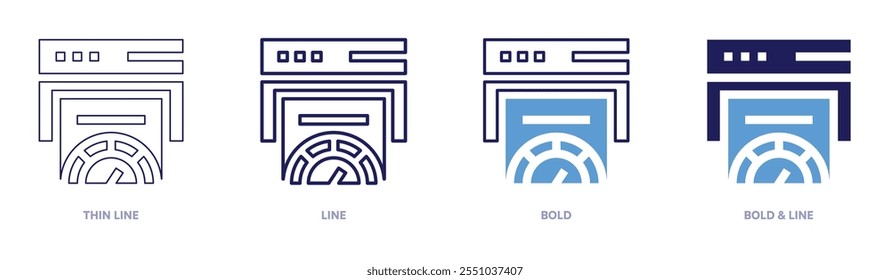 Speedometer function icon in 4 different styles. Thin Line, Line, Bold, and Bold Line. Duotone style. Editable stroke.