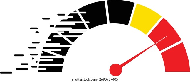 Speedometer gauge with black yellow red segments and motion blur effect dial
