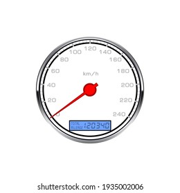 Medidor de velocidad, medidor de distancia de escala de velocidad del coche, contador de indicadores vectorial del salpicadero. Velocímetro con kilómetros o km por hora de marcado y flecha roja, número total de kilometraje Indicador LED
