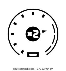 Speedometer gauge displaying a multiplier symbol x2 and an indicator pointing to a higher value, representing accelerated performance, progress, and increased measurement