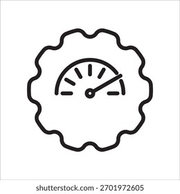 Speedometer or gauge icon, displaying high performance, black and white line illustration, surrounded by decorative gear shapes, symbolizing performance, speed, or efficiency, vector graphic element.