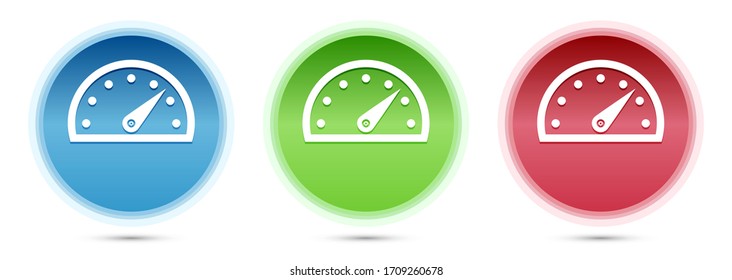 Icono del medidor de velocidad aislado en el conjunto de botones redondos de vidrio