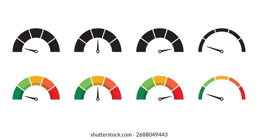 Conjunto de iconos del indicador del velocímetro. Icono de medidor de nivel de riesgo. Concepto de riesgo en el velocímetro. Conjunto de medidores de bajo a alto. Ilustración vectorial.