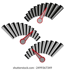 Speedometer gauge icons. Red needles. Black and grey bars. Vector illustration.