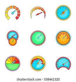 Speedometer or gauge icons set. Cartoon illustration of 9 speedometer or gauge vector icons for web