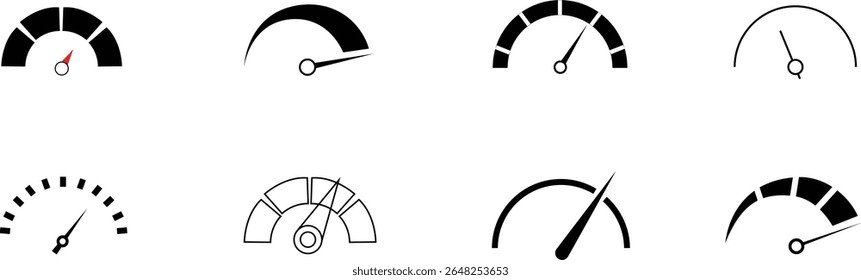 Speedometer and Gauge Icons Set – Dashboard Meter, RPM, Fuel, Pressure, Temperature and Performance Indicators Collection