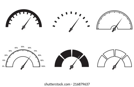 Speedometer Or Gauge Icons Set. Infographic And Car Instrument Design Elements. Vector Illustration.