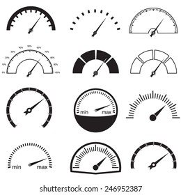 Speedometer or gauge icons set. Infographic and car instrument design elements. Vector illustration.