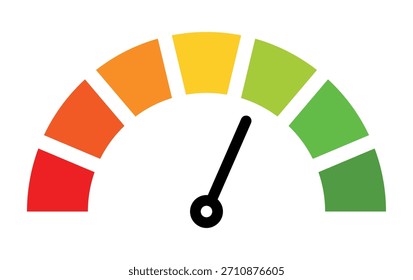 Ilustración del indicador de velocímetro que muestra el nivel de rendimiento de rojo a verde. Medidor de semicírculo vibrante con colores de gradiente que representan la escala de calificación, indicador de progreso, eficiencia, concepto de evaluación