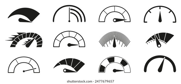 Speedometer gauge indicator icon collection. Speedometer, tachometer icon. Set of speedometer, odometer, dashboard, car speedometer, efficiency, velocity, gauge