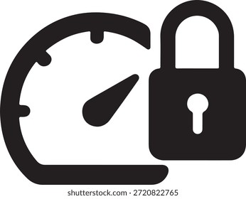 Indicador de velocímetro con icono de bloqueo que representa un rendimiento seguro, protección del sistema, acceso restringido y velocidad supervisada. Vector negro sólido para paneles técnicos.