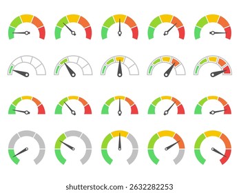 Speedometer gauge meter. Color dashboard gauge indicators of risk levels, range. UI analytics, credit score and speedometer, status tracking infographic chart. Vector set.
