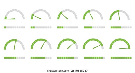Speedometer gauge meter icon set for infographic. Speed indicators, performance levels, risk gauges and score progress scales from low to high. Isolated on white background. Vector illustration