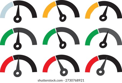 Symbol-Set für Geschwindigkeitsmesser und Messgerät. Moderne Leistungs- und Geschwindigkeitssymbole. Vektor-Dashboard und Messschnittstellenelemente