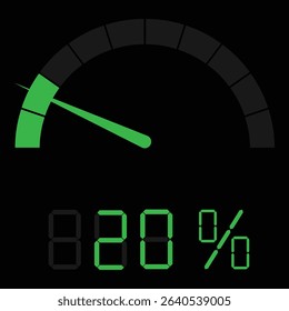 Speedometer gauge meter icon showing 20% for infographic use. Speed indicator, performance level, risk gauge and score progress scale. Vector illustration