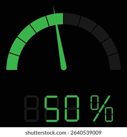 Speedometer gauge meter icon showing 50% for infographic use. Speed indicator, performance level, risk gauge and score progress scale. Vector illustration