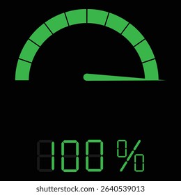 Speedometer gauge meter icon showing 100% for infographic use. Speed indicator, performance level, risk gauge and score progress scale. Vector illustration