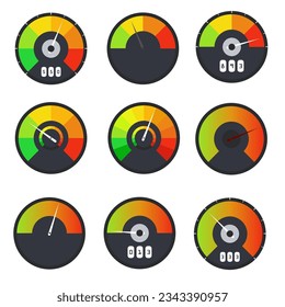 Velocímetro, iconos del medidor de los indicadores. Indicadores de satisfacción de los clientes con niveles bajos y buenos.
