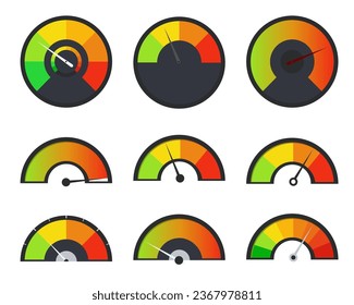 Speedometer, gauge meter icons. Customer satisfaction indicators with poor and good levels. Mileage needle measures the level of business risk.