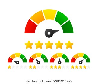 Speedometer, gauge meter icons with stars. Level of performance. Green and red, low and high. Infographic of risk, gauge, score. Vector illustration.