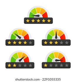 Velocímetro, íconos del medidor de los indicadores con estrellas. Escalas, nivel de rendimiento. Indicador de marcado rápido. Verde y rojo, barómetros bajos y altos, tablero con flechas. Infografía de riesgo. Ilustración del vector