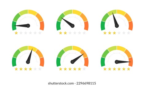 Speedometer, gauge meter icons with stars. Scales, level of performance. Green and red, low and high barometers, dashboard with arrows. Infographic of risk, gauge, score. Vector illustration