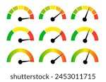 Speedometer gauge meter icons. Vector scale, level of performance. Speed indicator .Infographic of risk, gauge, score progress