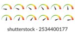 Speedometer, gauge meter icons. Vector scale, level of performance. Speed dial indicator . Green and red, low and high barometers, dashboard with arrows. Infographic of risk, gauge, score progress.