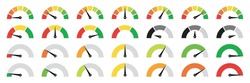 Speedometer, Gauge Meter Icons. Vector Scale, Level Of Performance. Speed Dial Indicator . Green And Red, Low And High Barometers, Dashboard With Arrows. Infographic Of Risk, Gauge, Score Progress.