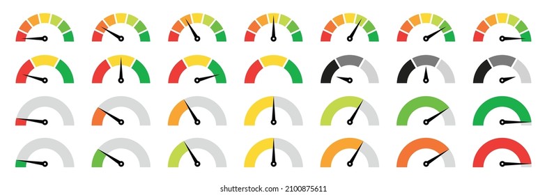 Speedometer, gauge meter icons. Vector scale, level of performance. Speed dial indicator . Green and red, low and high barometers, dashboard with arrows. Infographic of risk, gauge, score progress.