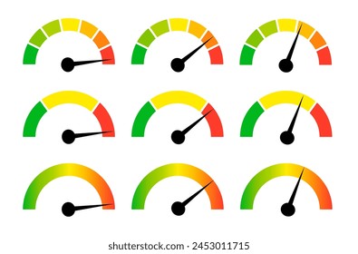 Speedometer gauge meter icons. Vector scale, level of performance. Speed indicator .Infographic of risk, gauge, score progress