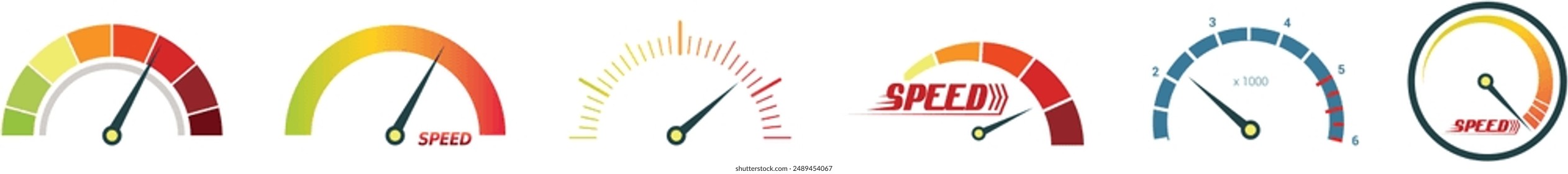 Speedometer, gauge meter icons. Vector scale, level of performance. Speed dial indicator . Green and red, low and high barometers, dashboard with arrows. Infographic of risk, gauge, score progress