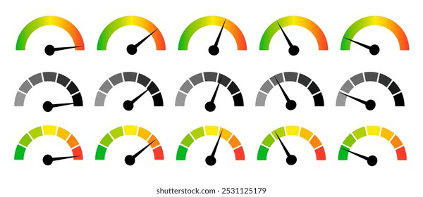 Ícones do medidor de indicador de velocidade. Escala vetorial, nível de desempenho. Indicador de velocidade Infográfico de risco, gauge, pontuação de progresso.