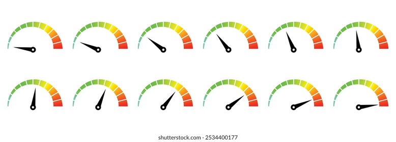 Speedometer, gauge meter icons. Vector scale, level of performance. Speed dial indicator . Green and red, low and high barometers, dashboard with arrows. Infographic of risk, gauge, score progress.