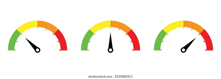 Speedometer, gauge meter icons. Vector scale, level of performance. Speed dial indicator . Green and red, low and high barometers, dashboard with arrows. Infographic of risk, gauge, score progres