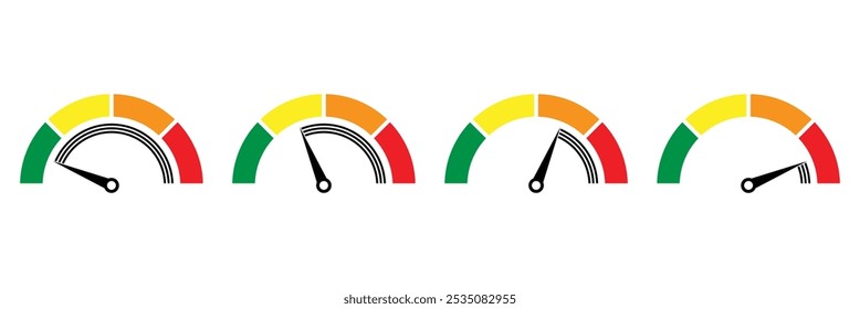 Speedometer, gauge meter icons. Vector scale, level of performance. Speed dial indicator . Green and red, low and high barometers, dashboard with arrows. Infographic of risk, gauge, score progress.