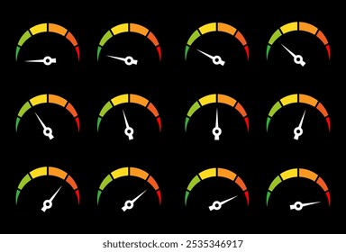 Speedometer, gauge meter icons. Vector scale, level of performance. Speed dial indicator . Green and red, low and high barometers template 4