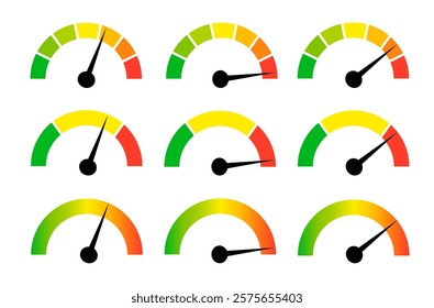 Speedometer gauge meter icons. Vector scale, level of performance. Speed indicator .Infographic of risk, gauge, score progress