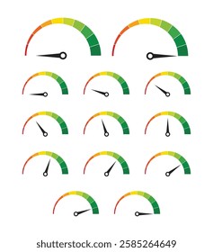 Speedometer, gauge meter icons. Vector scale, level of performance. Speed dial indicator . Green and red, low and high barometers, dashboard with arrows. Infographic of risk, gauge, score progress.