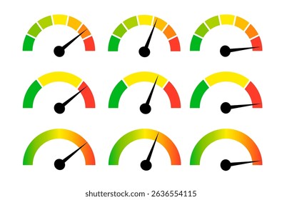 Speedometer gauge meter icons. Vector scale, level of performance. Speed indicator .Infographic of risk, gauge, score progress