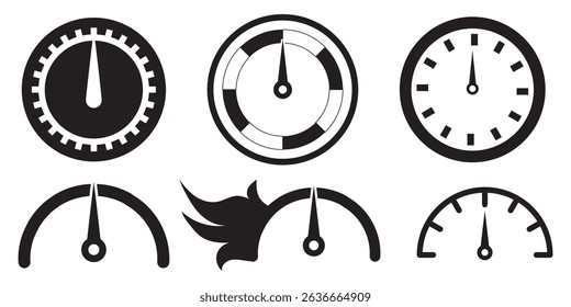 Speedometer, gauge meter icons. Vector scale, level of performance. Speed dial indicator . Green and red, low and high barometers, dashboard with arrows. Infographic of risk, gauge, score progress