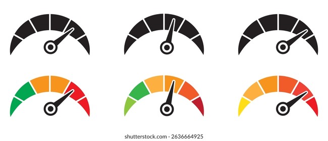 Speedometer, gauge meter icons. Vector scale, level of performance. Speed dial indicator . Green and red, low and high barometers, dashboard with arrows. Infographic of risk, gauge, score progress