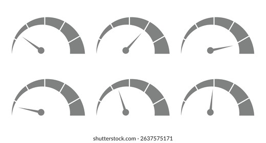 Speedometer, gauge meter icons. Vector scale, level of performance. Speed dial indicator, dashboard. Infographic of risk, gauge, score progress. odometer of performance. Measure of internet speed. 