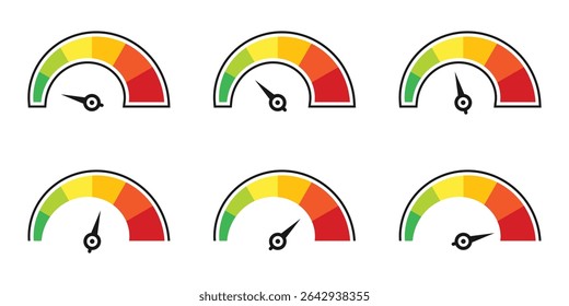 Speedometer gauge meter icons. Vector scale, level of performance. Infographic of risk, gauge, score progress icon. Vector illustration. EPS 10
