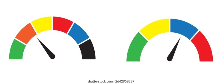 Speedometer, gauge meter icons. Vector scale, level of performance. Speed dial indicator. Green and red, low and high barometers, dashboard with arrows. Fast internet speed sign. Stock flat vector.