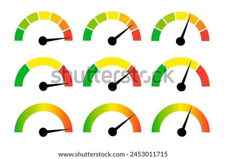 Speedometer gauge meter icons. Vector scale, level of performance. Speed indicator .Infographic of risk, gauge, score progress