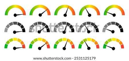 Speedometer gauge meter icons. Vector scale, level of performance. Speed indicator .Infographic of risk, gauge, score progress.