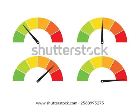 Speedometer, gauge meter icons. Vector scale, level of performance. Speed dial indicator . Green and red, low and high barometers, dashboard with arrows. Infographic of risk, gauge, score progress.
